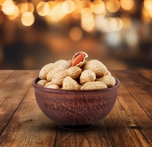 تصویر بادام زمینی غلافدار آیاز با غلاف طبیعی و بسته‌بندی استاندارد